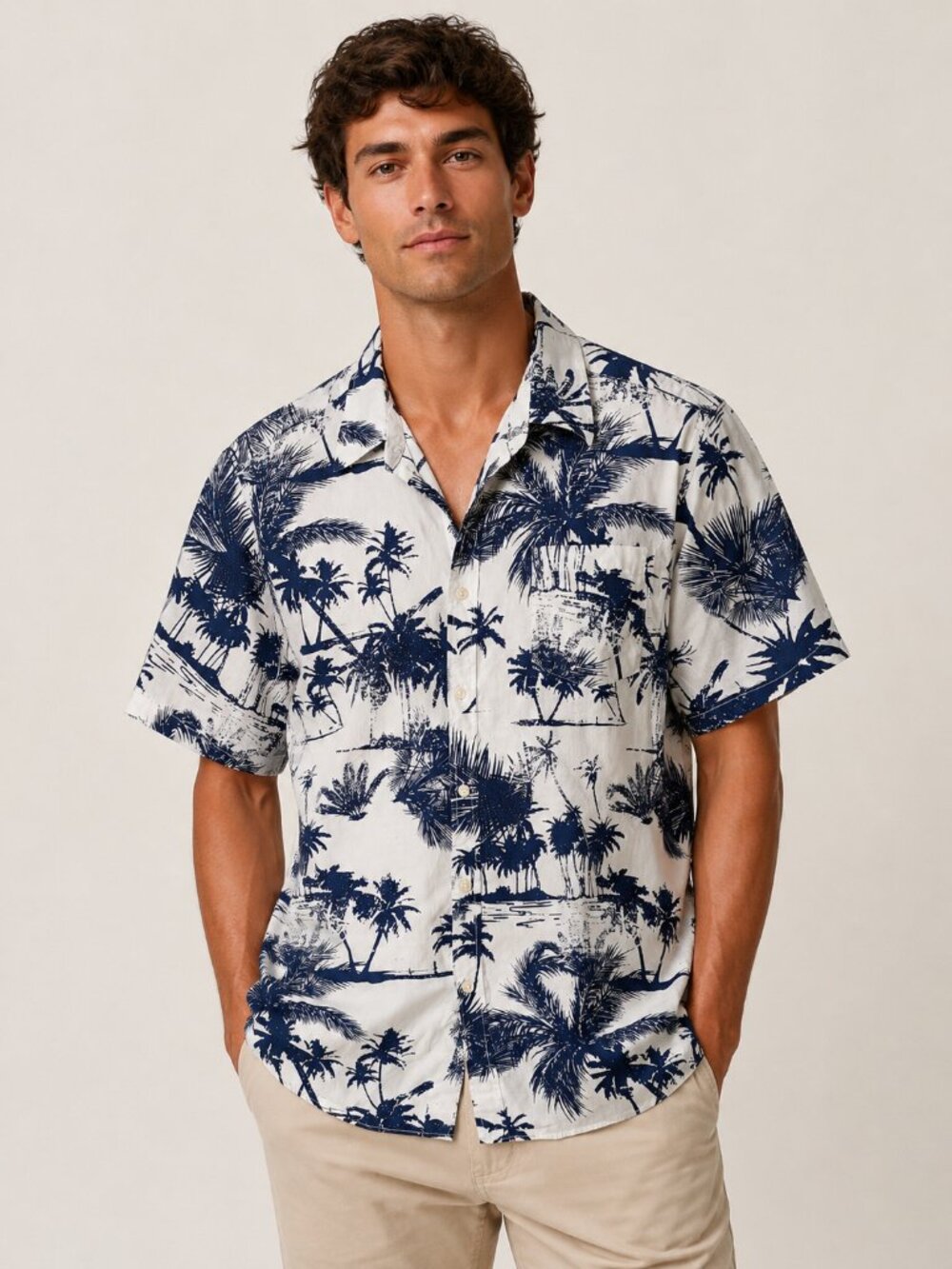 Coastal Men’s White Navy Hawaiian Palm Tree Tropical Aloha Button Down Shirt XL